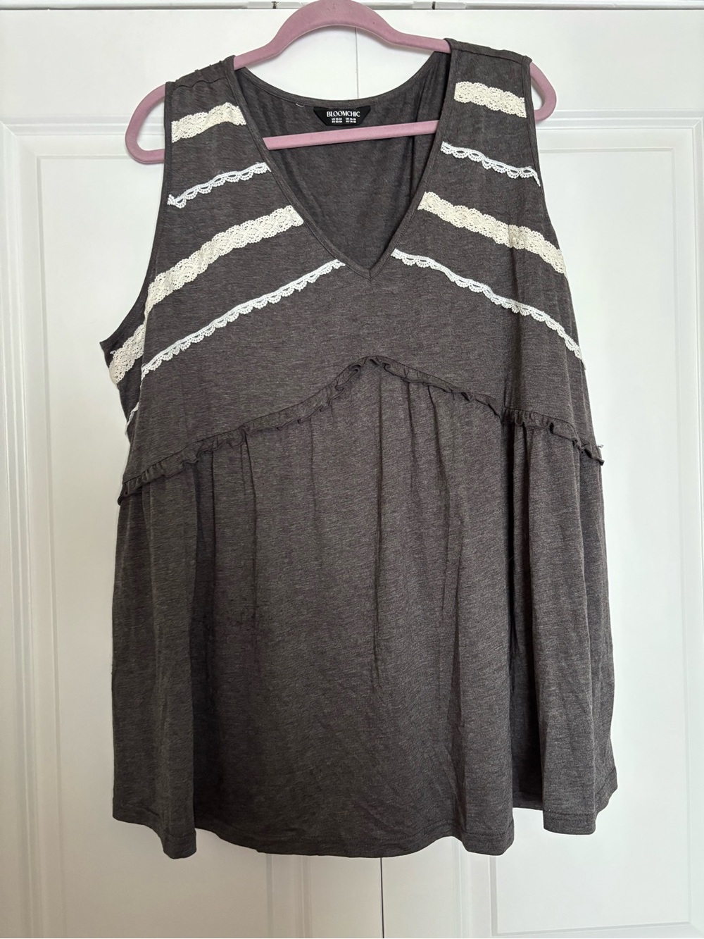 BloomChic Charcoal Sleeveless V-Neck Tank with Cream Lace Trim